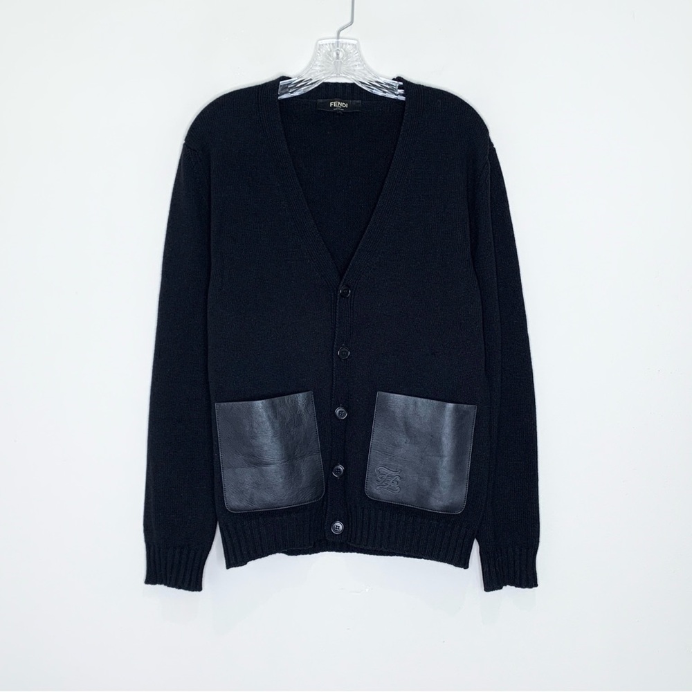 Fendi Leather Pocket Cardigan (Sz IT 44) Wool Silk Cashmere Karligraphy Black